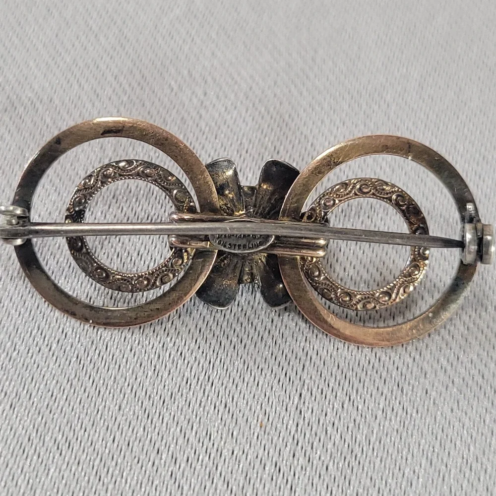 Van Dell 12K GF Sterling Silver Brooch Red Stone Floral Circle Vintage Jewelry